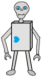 A robot with sad blue eyes and a rotated blue heart on the lower right. 
